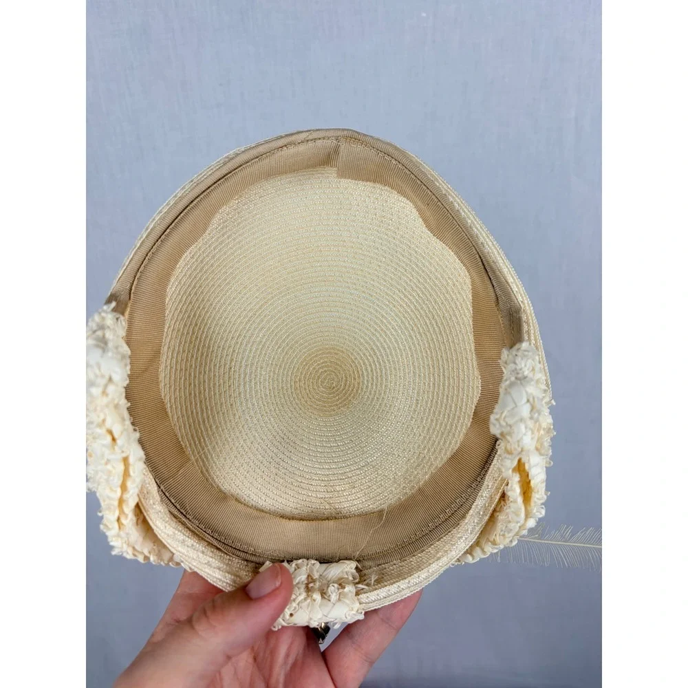 Vintage Cream Straw Pillbox Hat Feather Gemstone Detail Formal Church Wedding